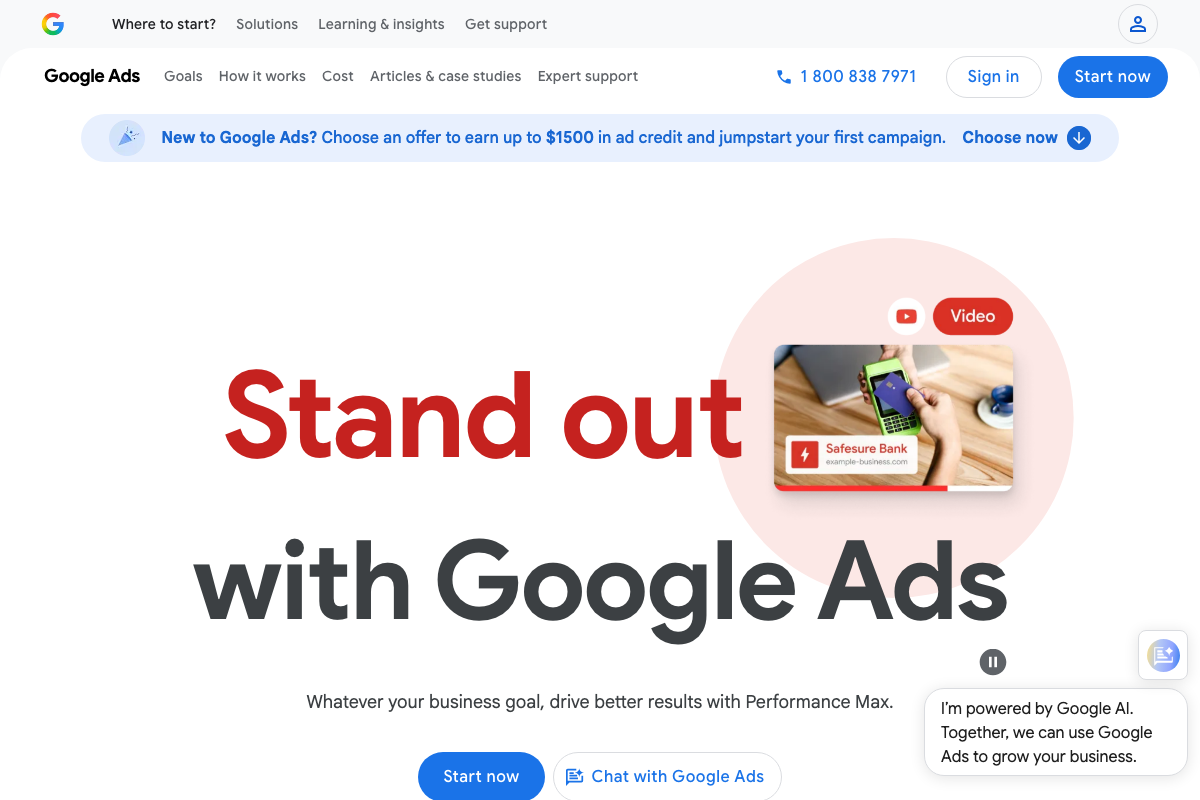 Google Ads homepage promoting Performance Max as the primary campaign type for new advertisers.