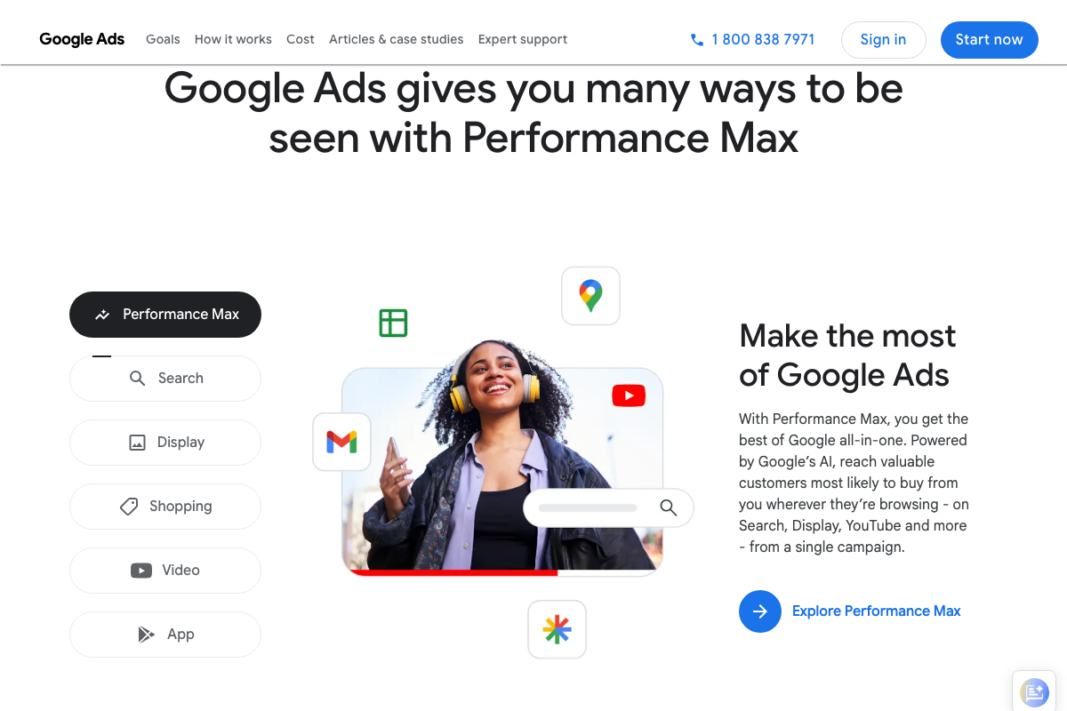 Google Ads campaign type selector — Performance Max, Search, Display, Shopping, Video, App. RSAs fall under Search, one of six available types.