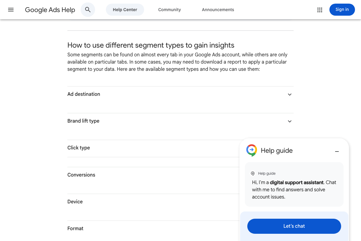 Google Ads Help: available segment types listing including 'Conversions' — the segment category used in tutorial step 6