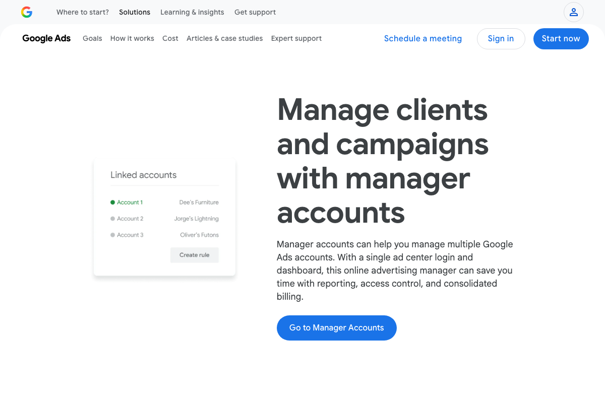 Google Ads Manager Accounts landing page at ads.google.com confirming the manager account product used to link multiple client accounts