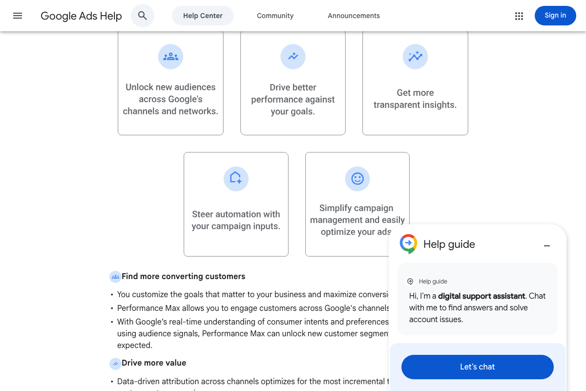Performance Max benefits section: cross-channel audience discovery, data-driven attribution, and campaign input controls — automated budget logic that contrasts with the manual CPC resistance monitoring the tutorial describes for Search.