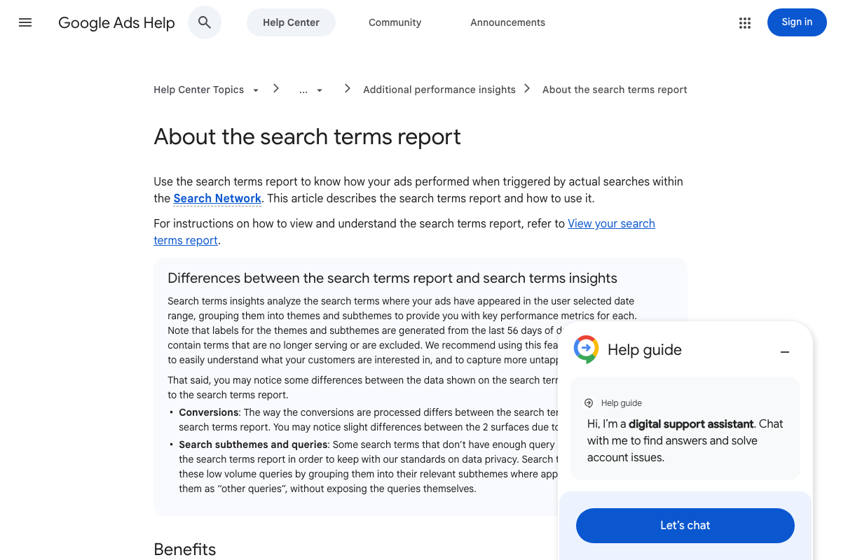 Google Ads Help: 'About the search terms report' — distinguishes the search terms report from search terms insights and notes the 56-day label window