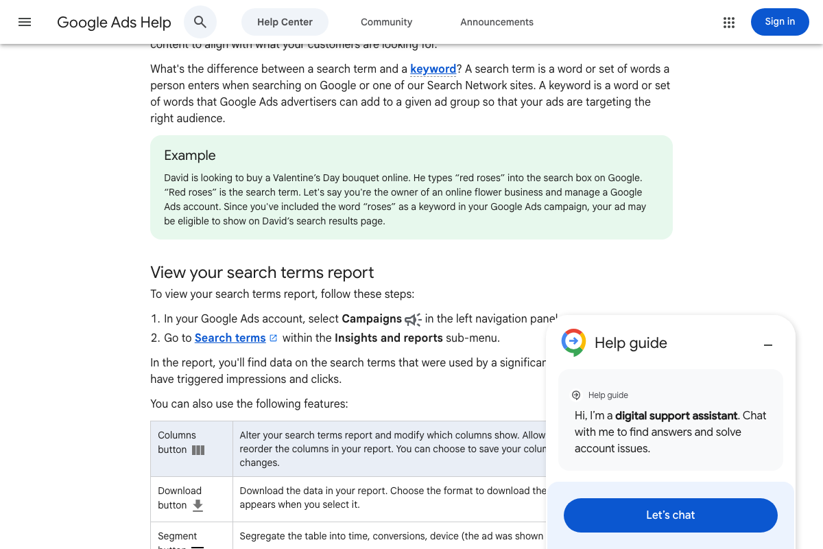 Google Ads Help: official navigation path for the Search Terms report — Campaigns → Insights and reports → Search terms, with Download button for CSV export