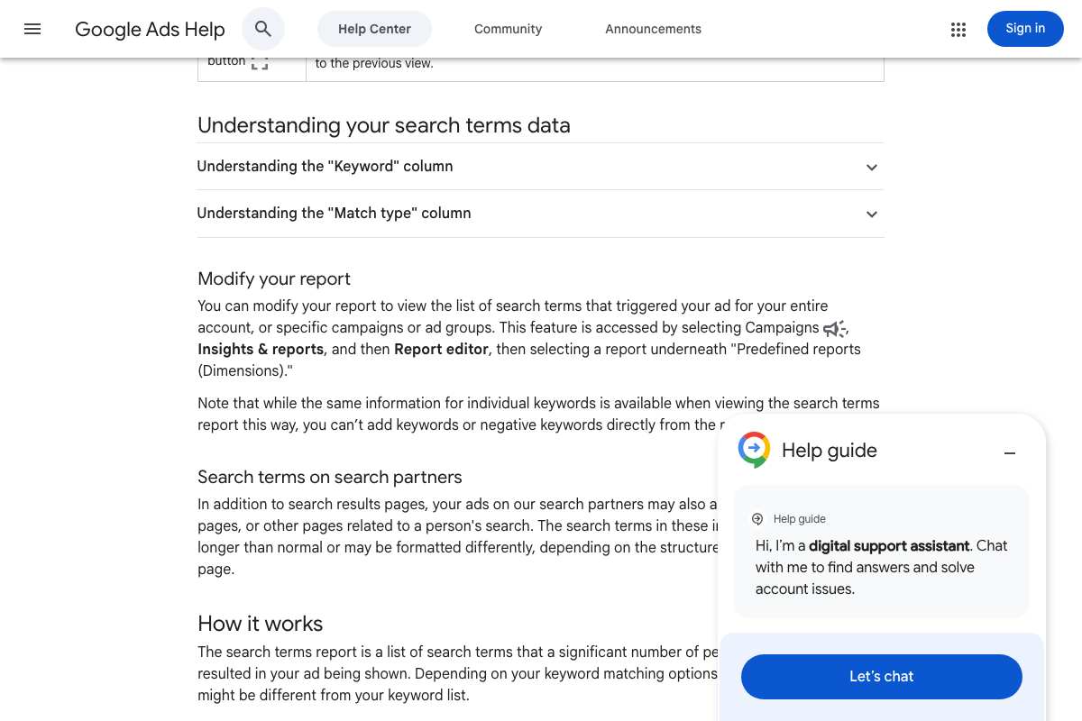 Google Ads Help: search terms report data section — confirms negative keywords must be added via the Keywords section, not the Report editor