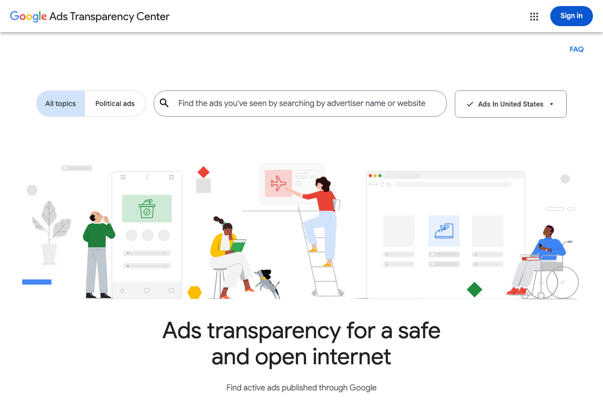 Google Ads Transparency Center homepage with advertiser name/website search bar and country/region filter