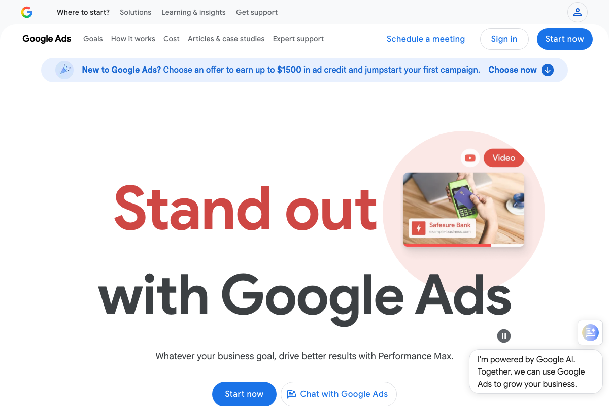 Google Ads homepage positioning Performance Max as the default recommendation for all advertiser goals.