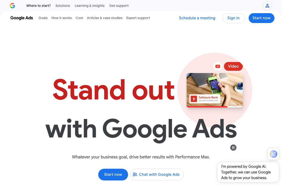 Google Ads public marketing homepage — the authenticated campaign dashboard required for Steps 9–11 is not captured in available documentation.