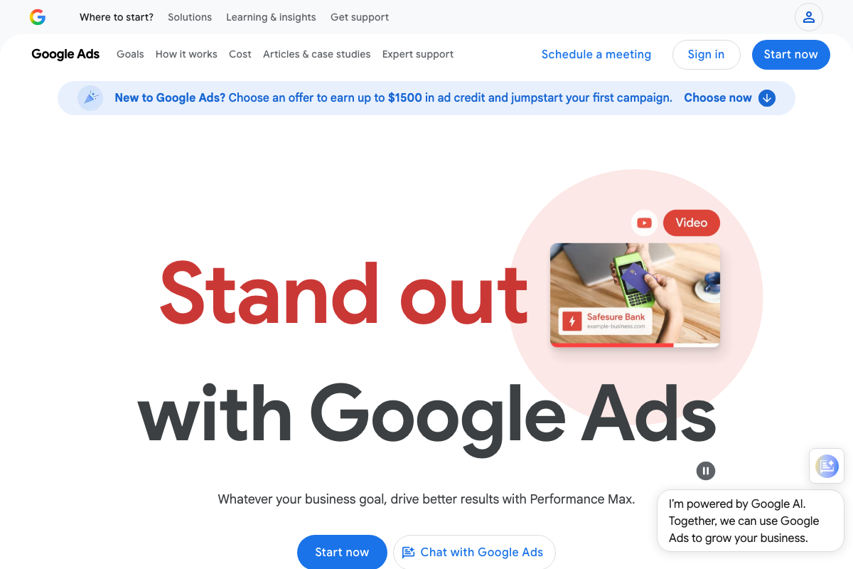 Google Ads homepage (ads.google.com, April 2026) showing Performance Max as the platform's featured campaign type.