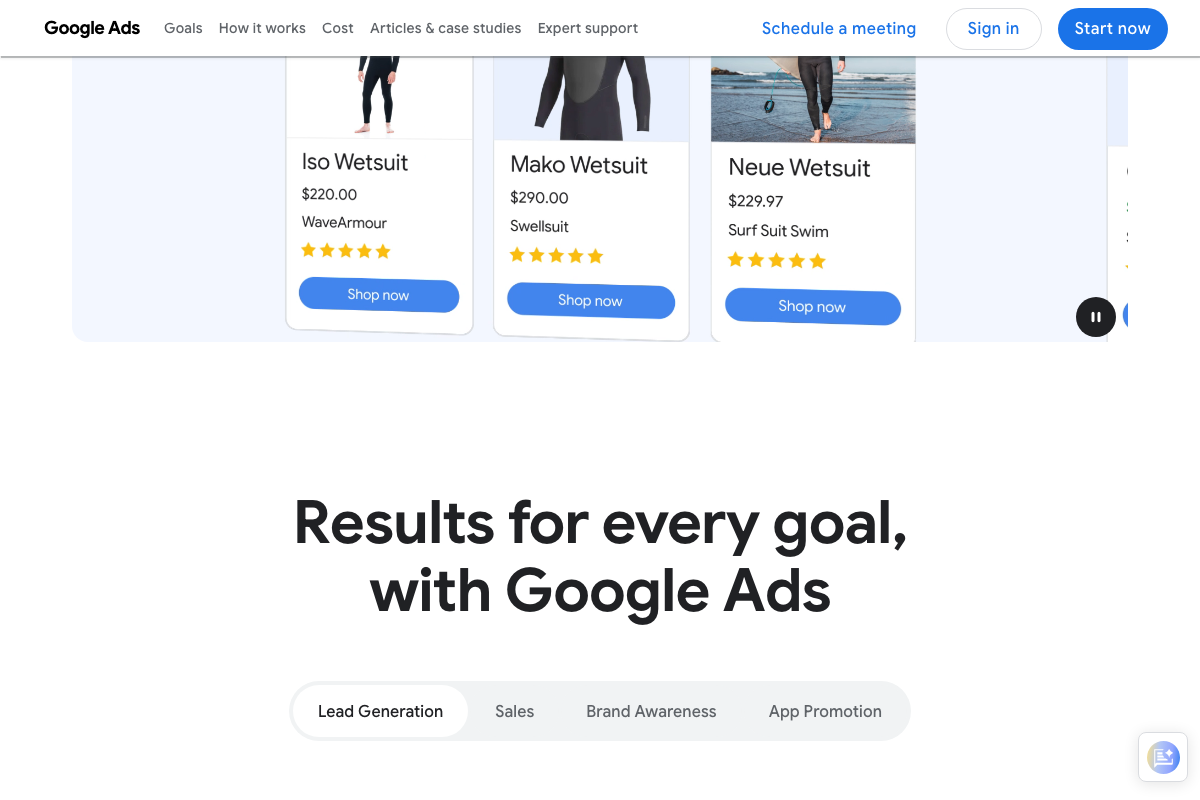 Google Ads homepage confirming four campaign objective categories: Lead Generation, Sales, Brand Awareness, and App Promotion.