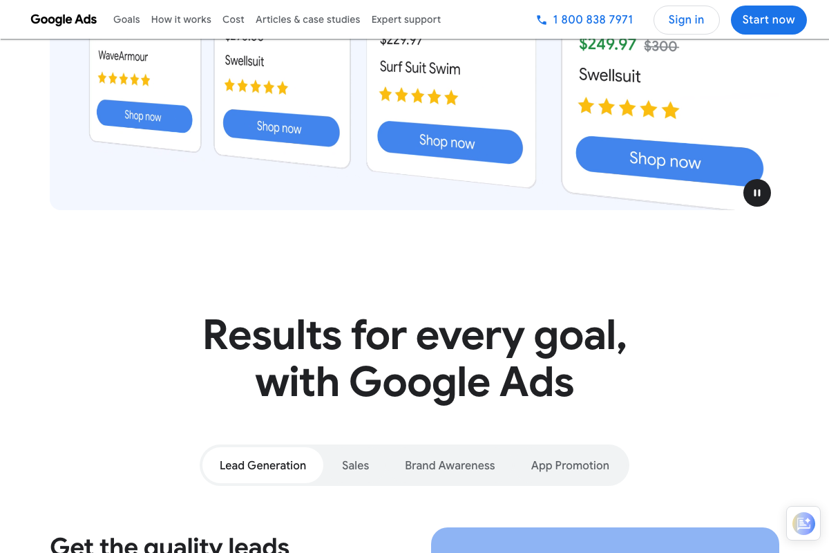 Google Ads goal categories: Lead Generation, Sales, Brand Awareness, App Promotion — landing page optimization applies most directly to Lead Generation and Sales campaigns