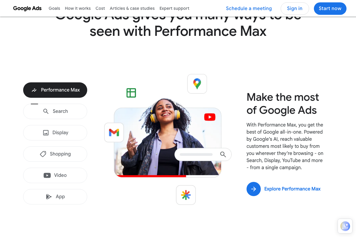Google Ads campaign type selector showing Performance Max, Search, Display, Shopping, Video, and App — the tutorial's headline framework applies to Search campaigns only.