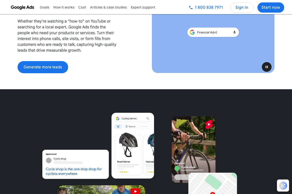 Google Ads lead generation description — capturing leads via phone calls, site visits, and form fills, the conversion actions that landing page CTAs must support