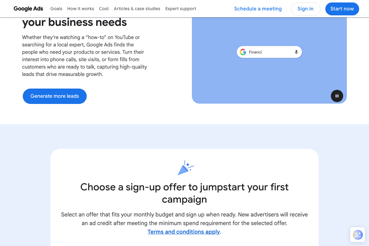 Google Ads new-advertiser offer page — contains no content on impression share thresholds or scaling eligibility criteria.