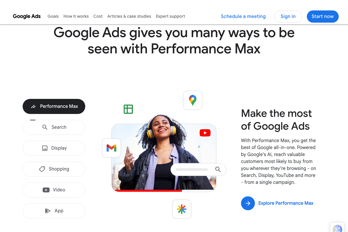 Google Ads homepage campaign type selector showing Performance Max, Search, Display, Shopping, Video, and App — the same categories used for Google Ads Skillshop certifications