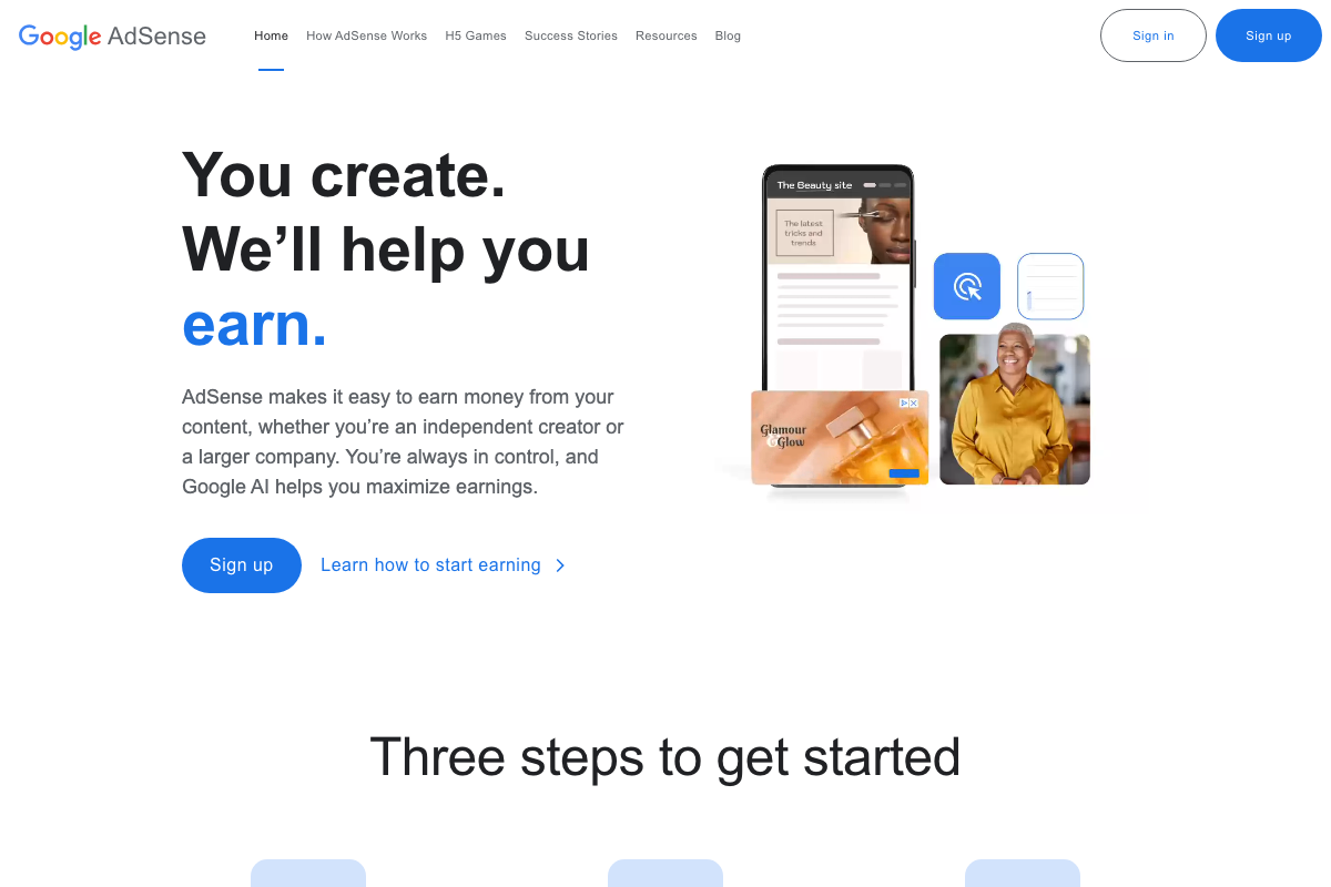 Google AdSense marketing homepage showing passive content monetization positioning for creators and publishers.