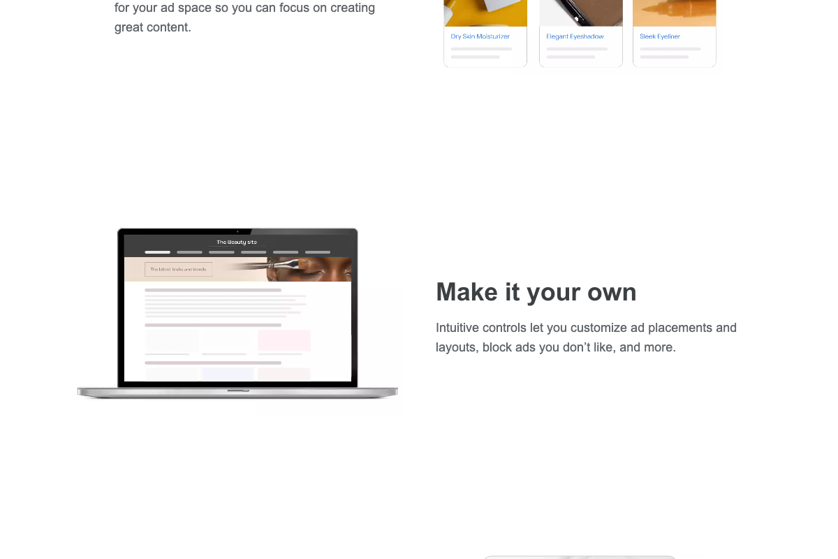 AdSense 'Make it your own' section showing ad placement customization controls