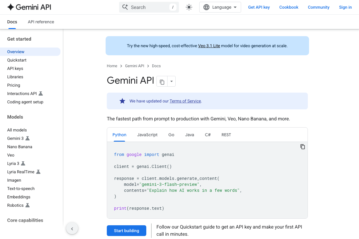 Gemini API documentation homepage (ai.google.dev/gemini-api/docs) showing a Python quickstart using gemini-3-flash-preview — the underlying API family for Google AI Studio, with no Stitch-specific export documentation present.
