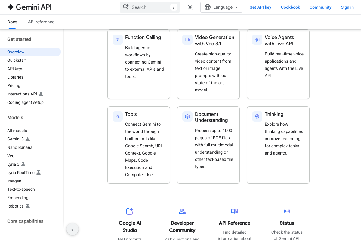 Gemini API capabilities page showing Voice Agents with Live API, Function Calling, Veo 3.1, and Tools — and a footer link to Google AI Studio described as a prompt-testing environment.