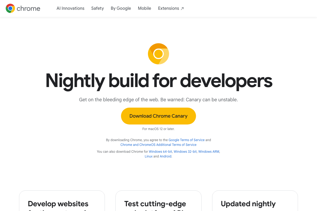 Chrome Canary official download page (google.com/chrome/canary/) describing it as a 'Nightly build for developers' with an instability warning.