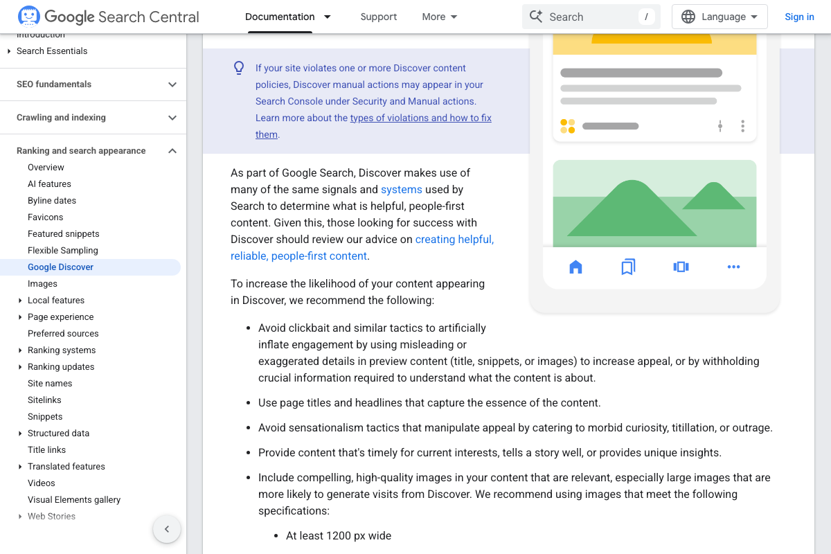 Official Google Discover best practices: 1200px image width confirmed, with 16:9 aspect ratio and max-image-preview:large as additional co-requirements
