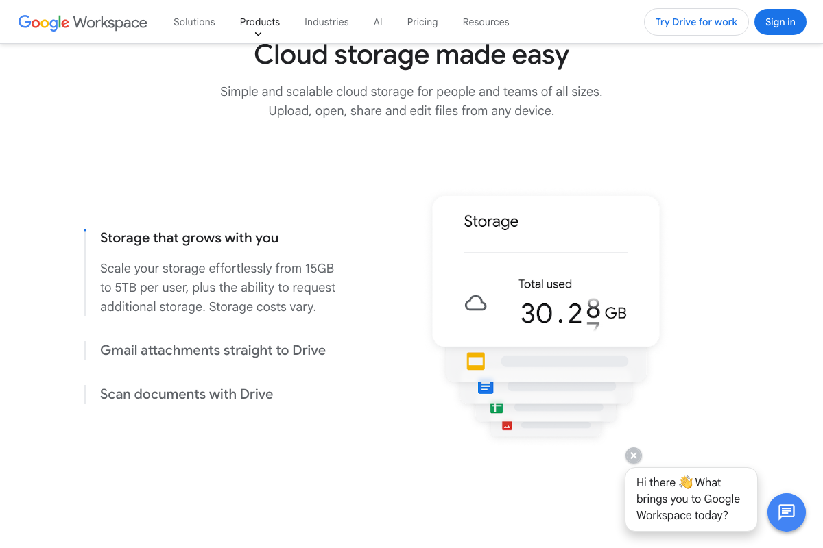 Google Drive marketing page showing 'Cloud storage made easy' with Gmail attachments and Scan documents features listed.