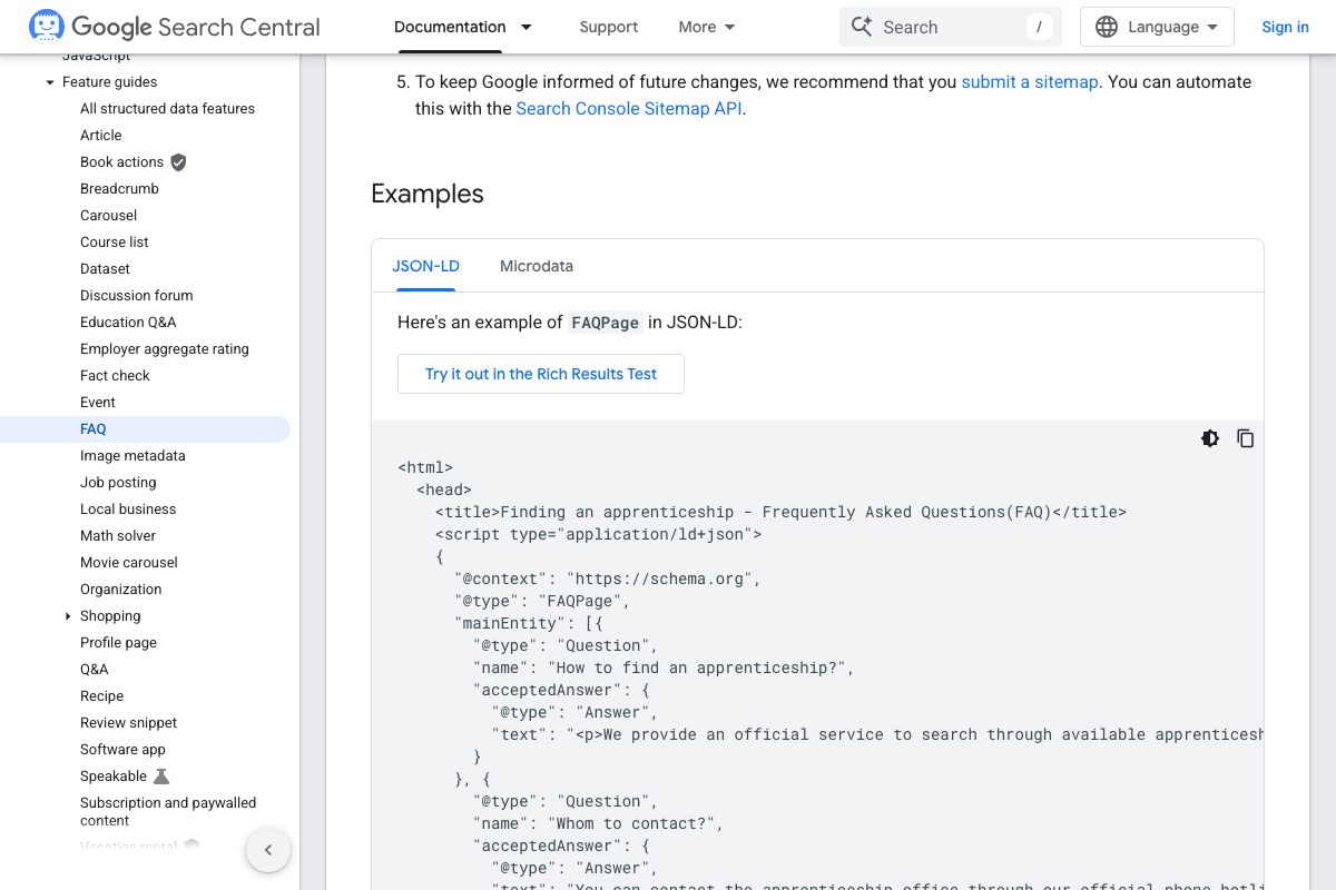 Google's FAQPage code examples — JSON-LD is the primary format; Microdata is documented as a secondary option