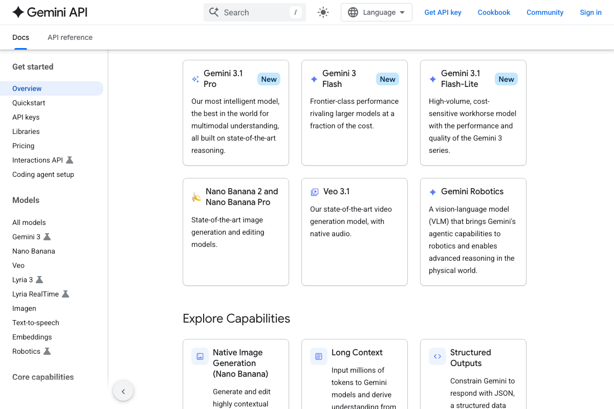 Gemini API model catalog showing Gemini 3.1 Pro, Gemini 3 Flash, and Gemini 3.1 Flash-Lite as distinct current versioned offerings.