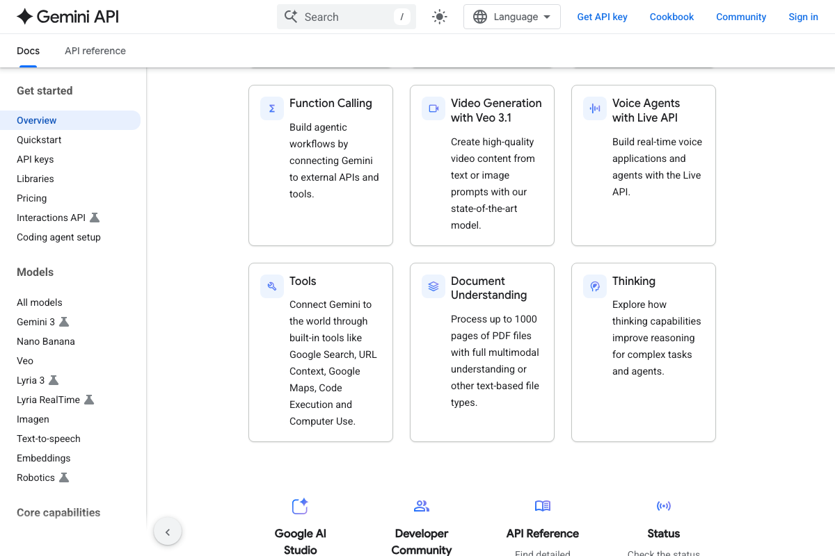 Gemini API capabilities page listing Google Search and URL Context as built-in tools alongside Function Calling, Document Understanding, and Thinking.