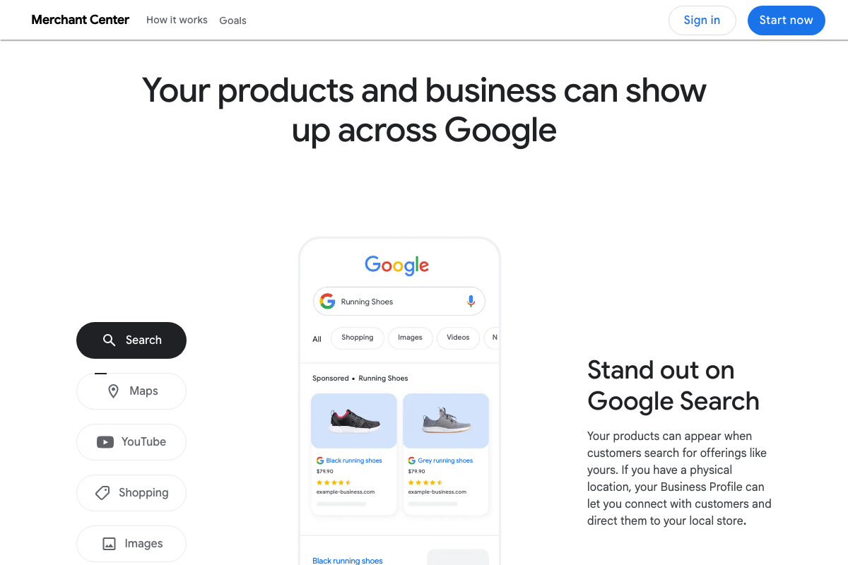 Merchant Center product reach overview showing product listings appearing across Google Search, Maps, YouTube, Shopping, and Images.