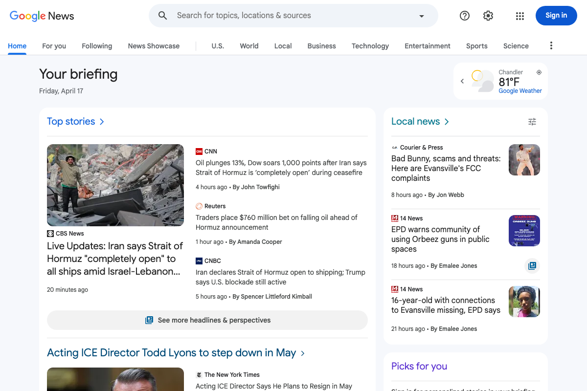 Google News consumer homepage — Publisher Center eligibility documentation was not captured in this screenshot set