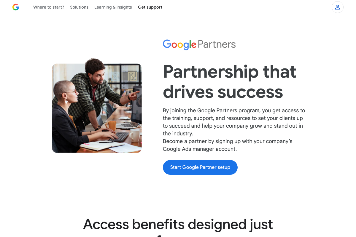 Official Google Partners program homepage at google.com/partners showing the 'Start Google Partner setup' CTA and the manager account requirement