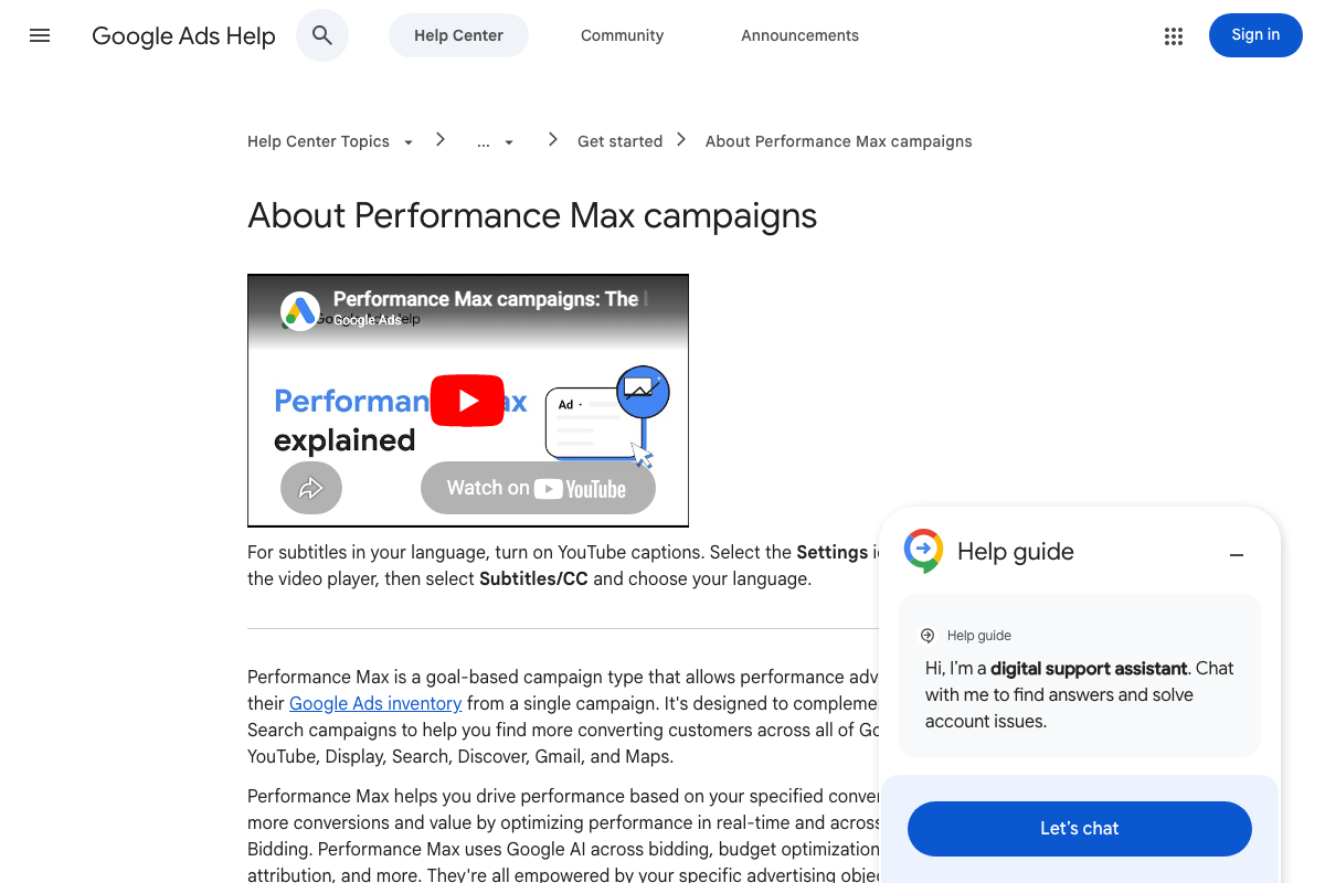 Official 'About Performance Max campaigns' help page confirming PMAX is designed to complement keyword-based Search campaigns.