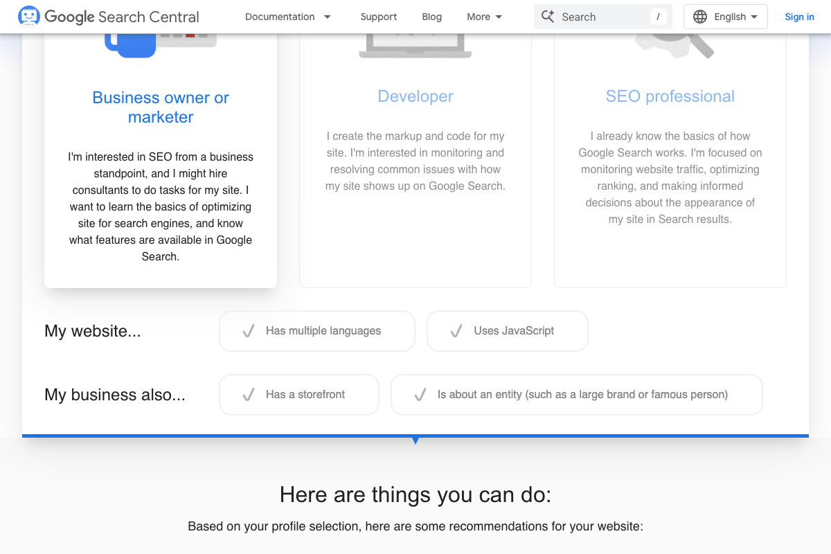 Google Search Central profile selector showing role-based SEO guidance paths for business owners, developers, and SEO professionals