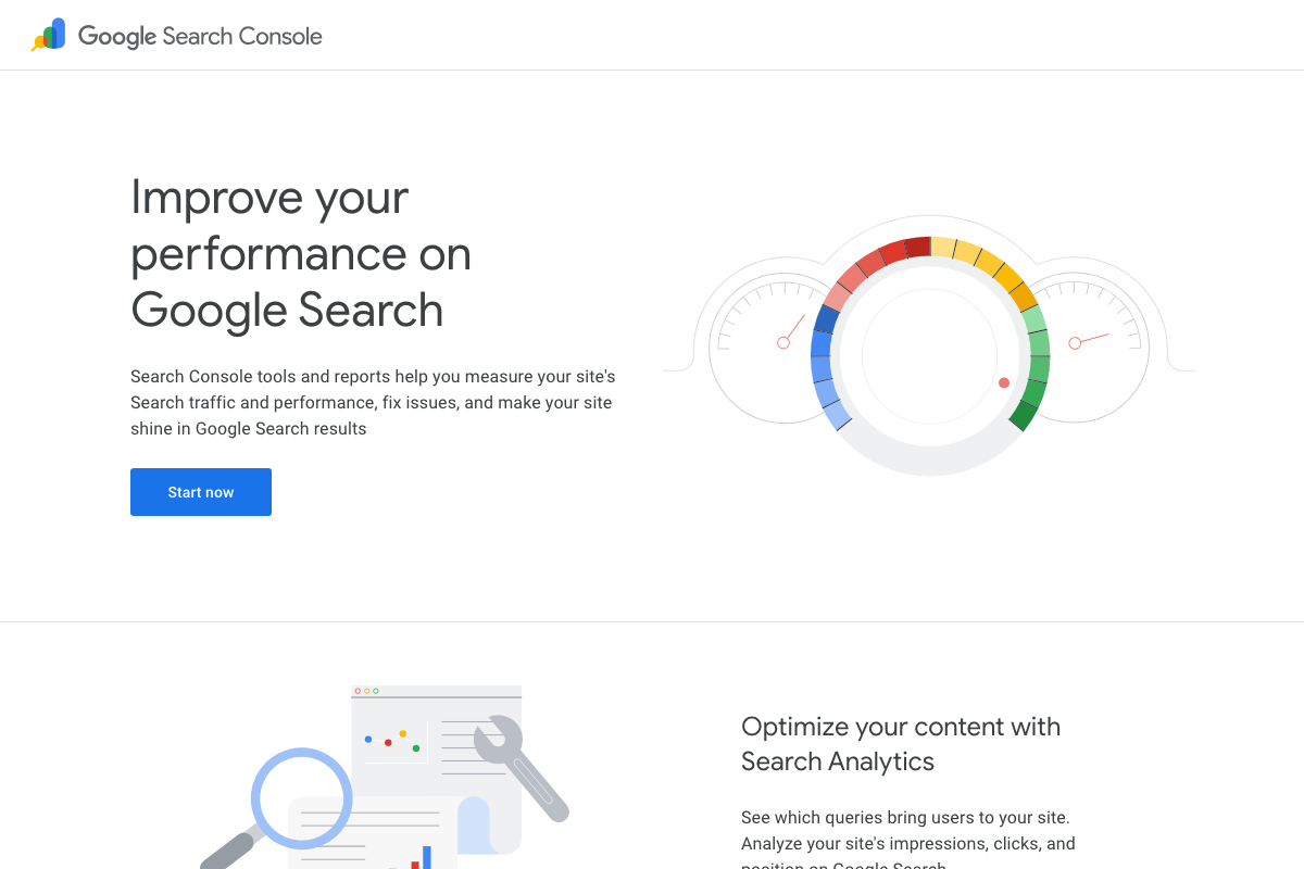 Google Search Console landing page (search.google.com/search-console) — entry point for performance monitoring, issue resolution, and manual review requests