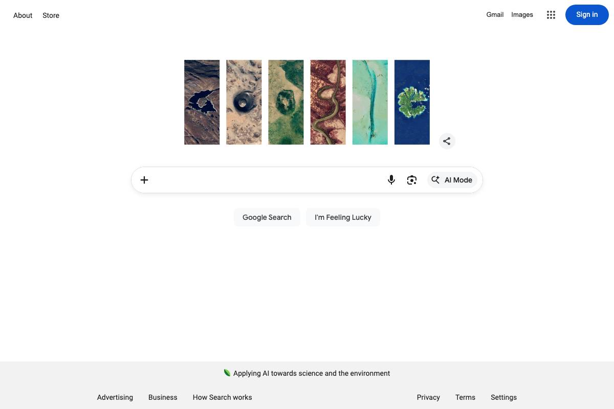 Google homepage (search.google.com) showing 'AI Mode' as a prominent search interface option — evidence that AI-driven search is an active Google product as of April 2026.