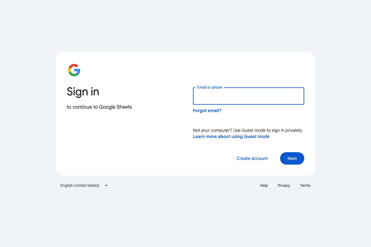 Google Sheets sign-in gate — the actual landing page for any unauthenticated Chrome session targeting sheets.google.com.