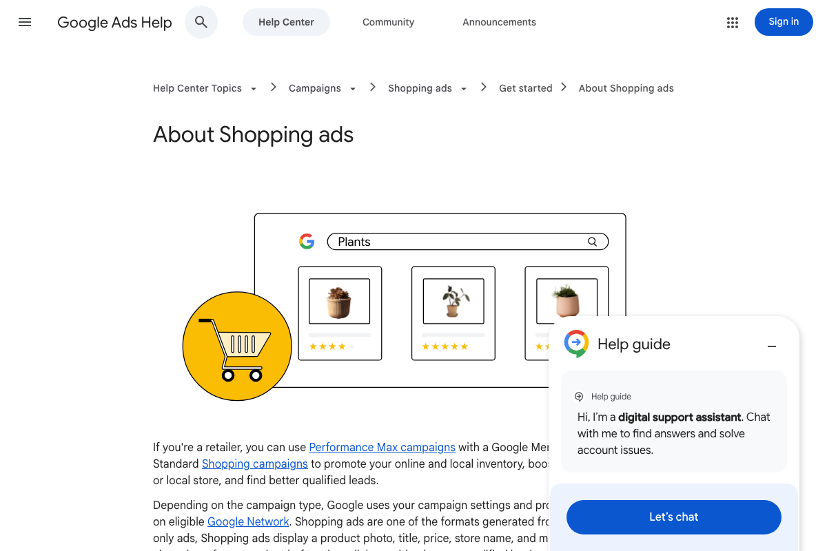 Google Ads Help 'About Shopping ads' page confirming Standard Shopping campaigns and Performance Max as the two campaign types available to retailers via Merchant Center.