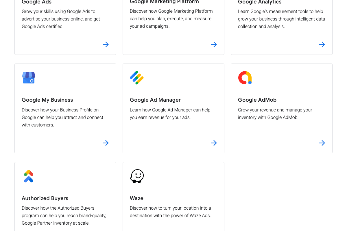 Skillshop product grid showing Google Ads alongside Google Marketing Platform, Google Analytics, Google Ad Manager, and other Google product training tracks
