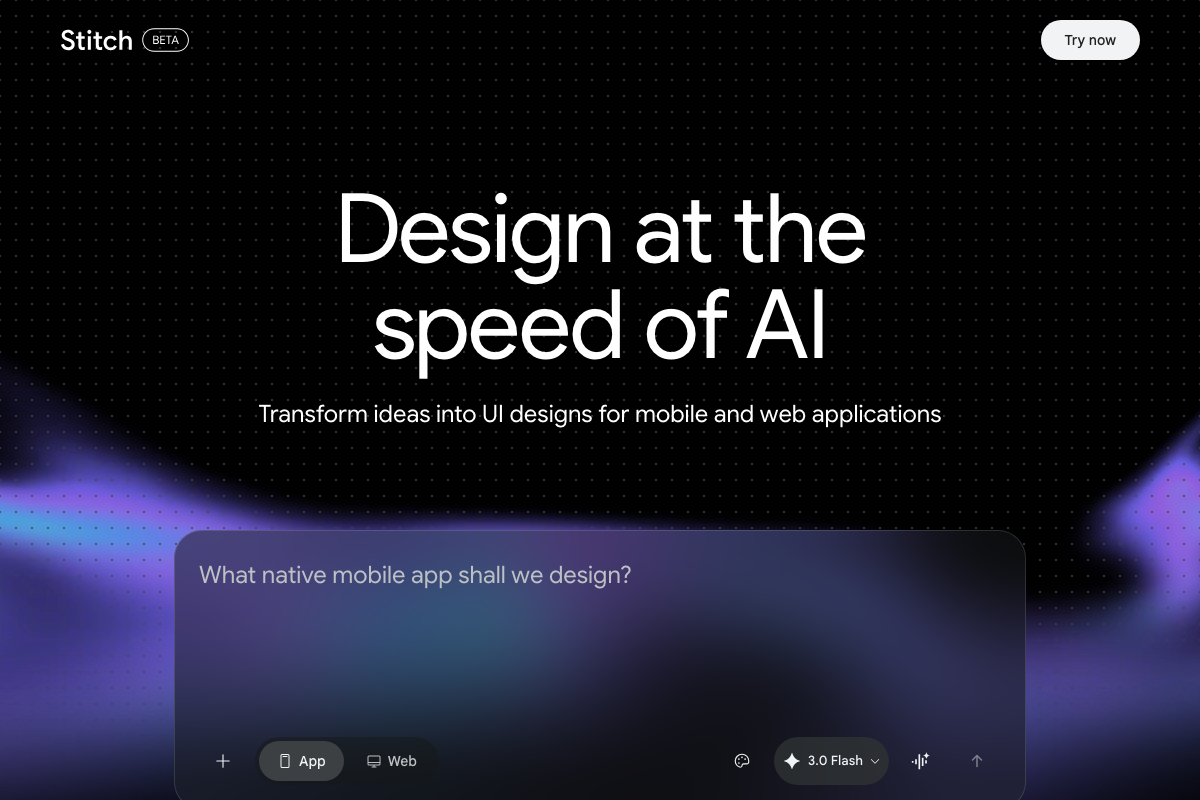 Google Stitch (BETA) at stitch.withgoogle.com — browser-only, powered by Gemini 3.0 Flash; no CLI install command or markdown file workflow documented.