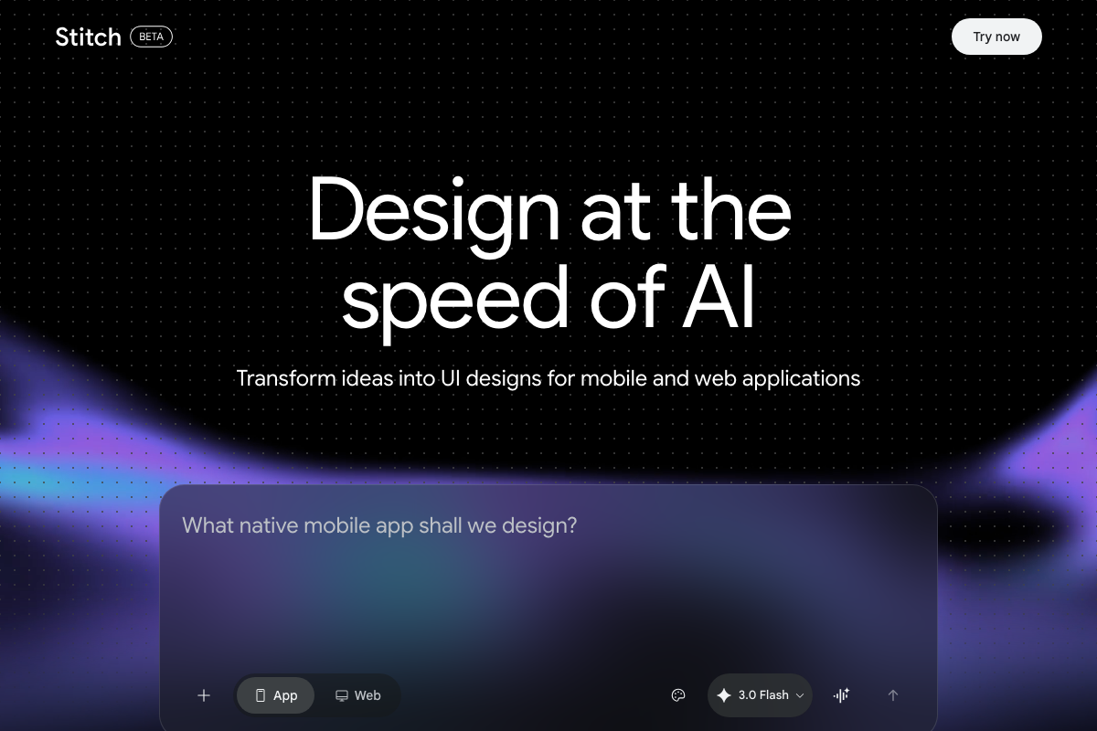 Stitch prompt interface — natural language input via App/Web mode toggle; no markdown file selector visible.