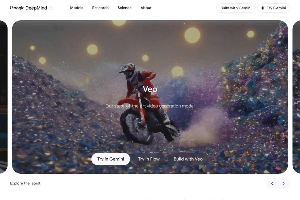 Google DeepMind Veo homepage showing three direct access paths: Try in Gemini, Try in Flow, and Build with Veo.