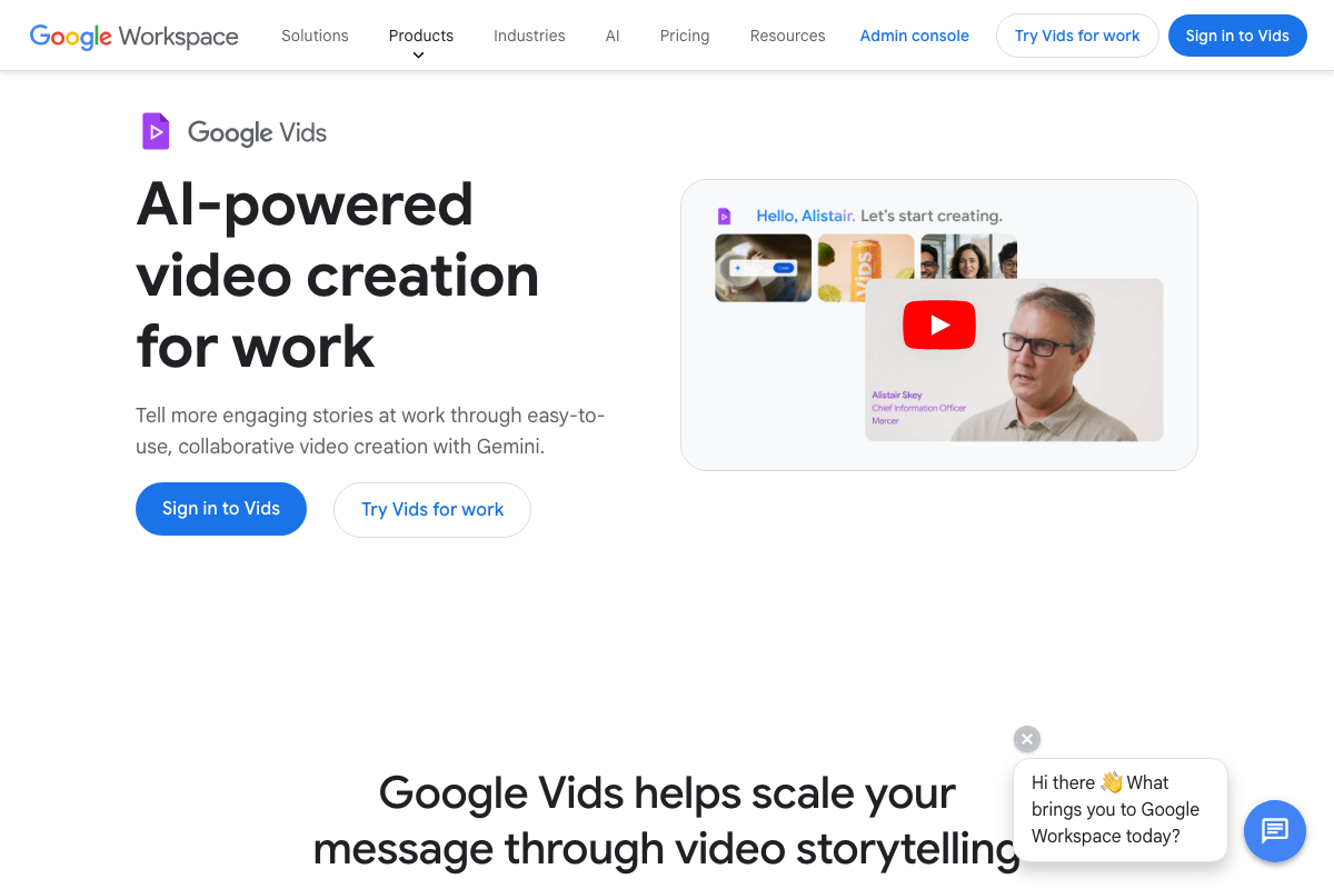 Google Vids product page — 'AI-powered video creation for work' using Gemini; Google Workspace account required