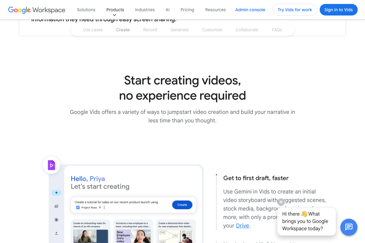 Google Vids 'Create' tab — Gemini generates a storyboard bundle including background music alongside stock media and suggested scenes.