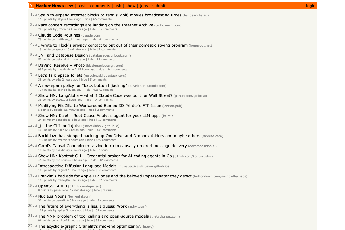 Hacker News front page items 1–22 confirming the numbered post structure navigated in Step 6.