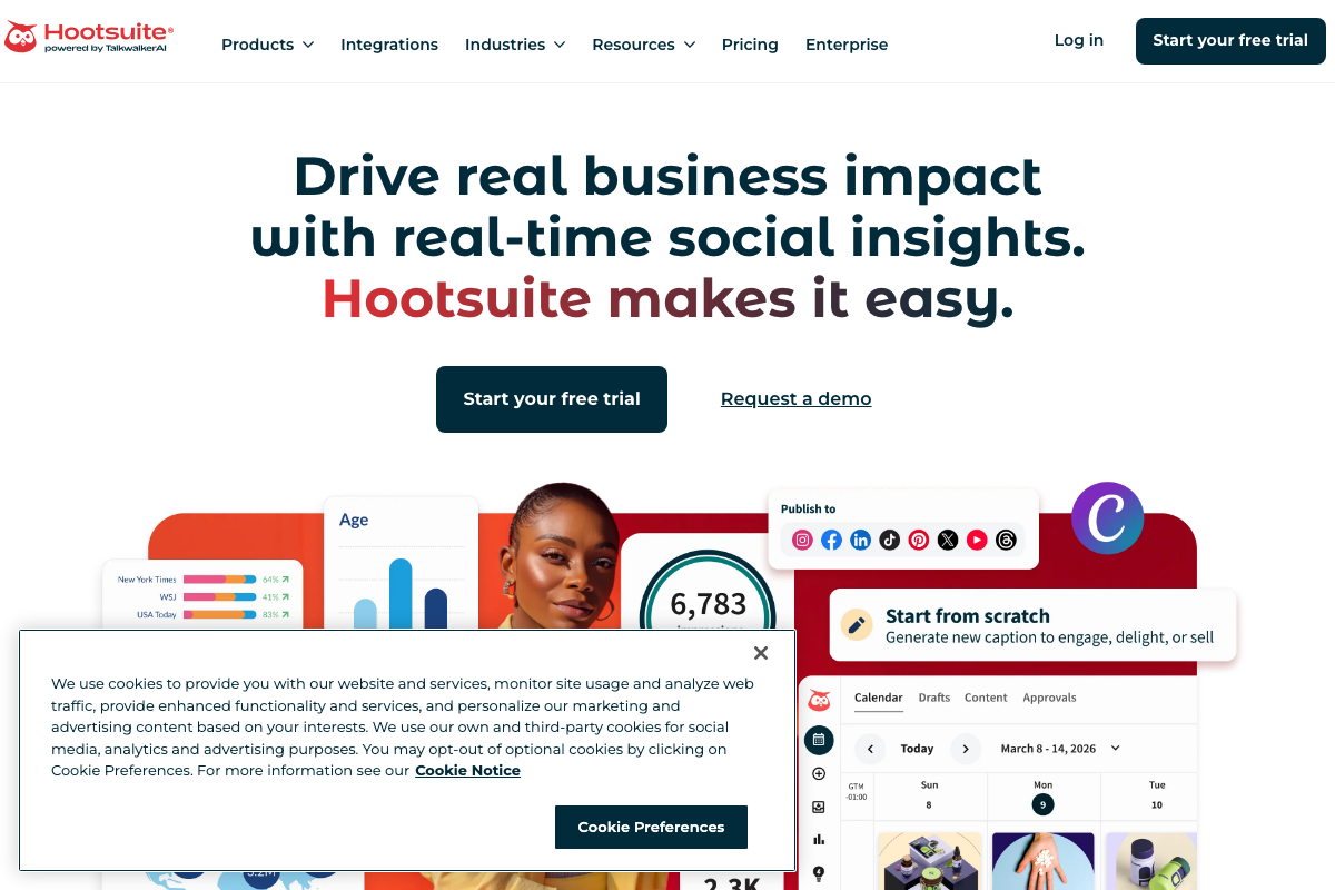Hootsuite homepage showing 'powered by TalkwalkerAI' branding and real-time social insights hero section