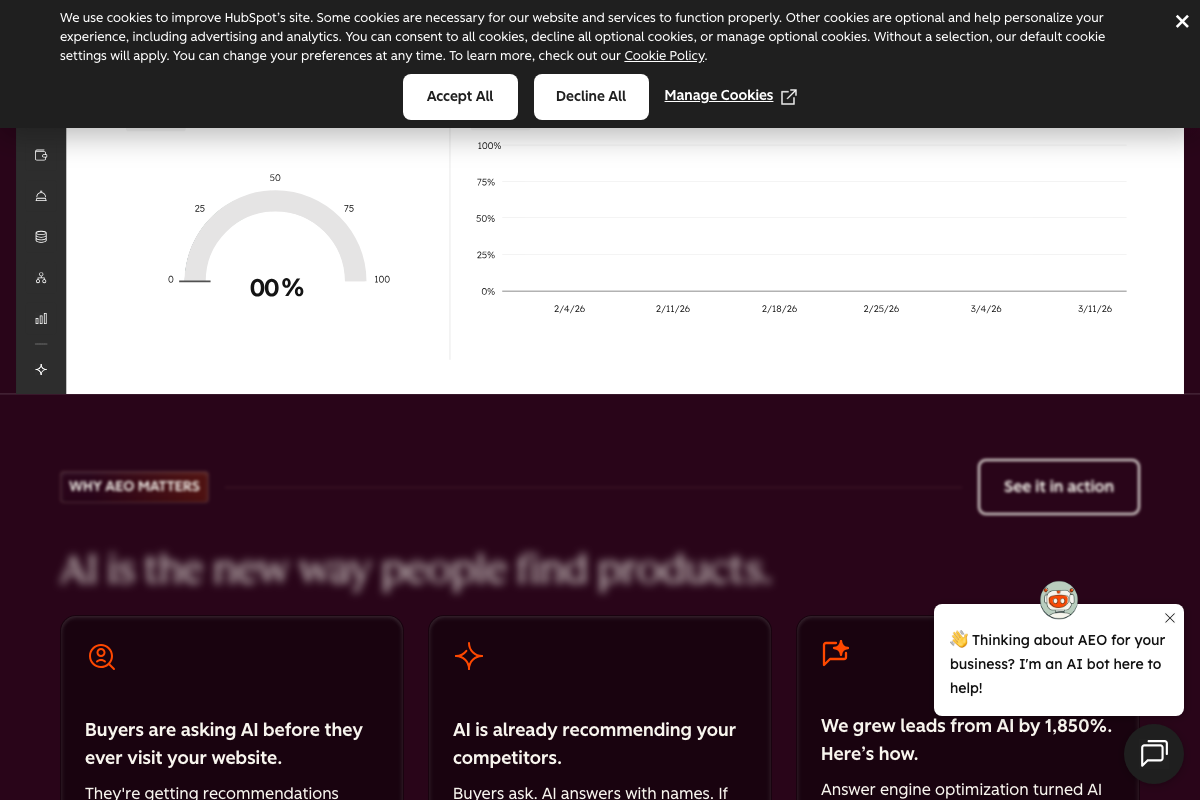AEO dashboard preview showing a 0–100 brand visibility gauge and a time-series line chart tracking brand appearance across dates in early 2026.
