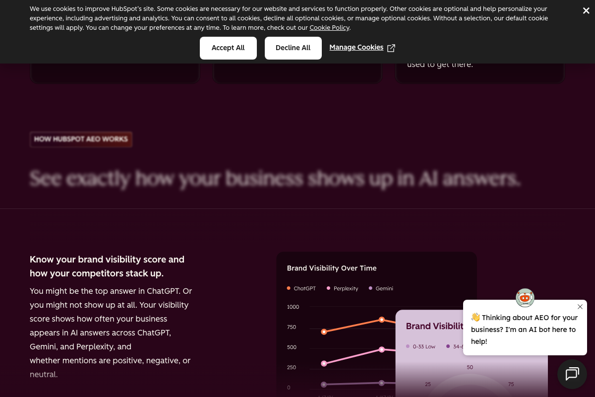 HubSpot AEO 'Brand Visibility Over Time' chart showing separate trend lines for ChatGPT, Perplexity, and Gemini, with a Low/Medium/High scoring tier legend.