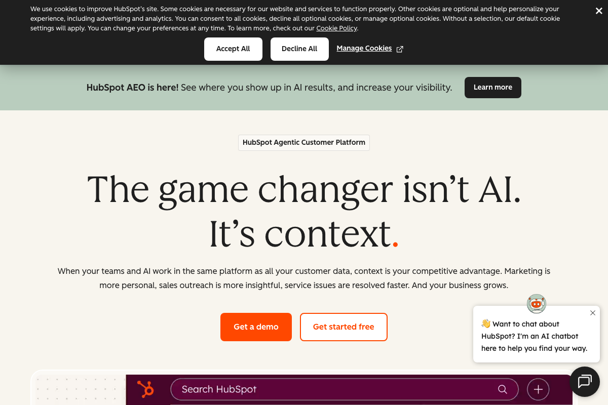 HubSpot homepage with live 'HubSpot AEO is here!' banner confirming the tool referenced in step 13
