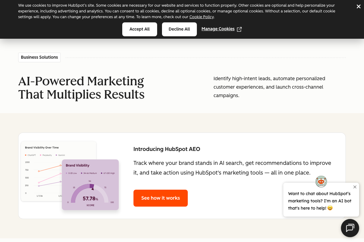 HubSpot Marketing Hub 'Introducing HubSpot AEO' feature block showing a Brand Visibility Over Time chart with per-engine lines and a 57.78% visibility score on the gauge.