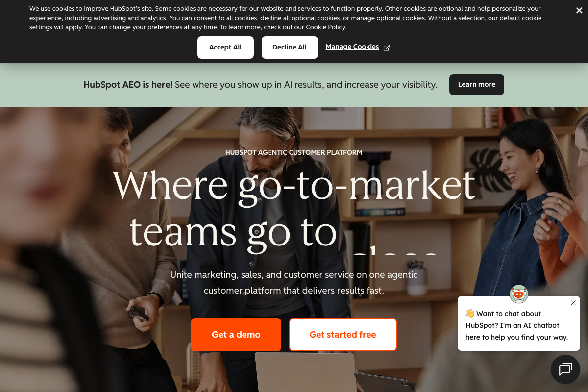 HubSpot homepage announcing AEO (Answer Engine Optimization) as a distinct search strategy alongside traditional SEO.